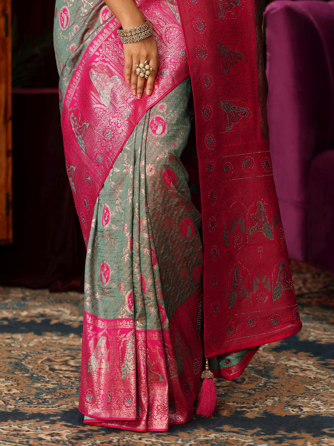  Libas Grey Woven Design Silk Blend Saree with Pink Pallu 