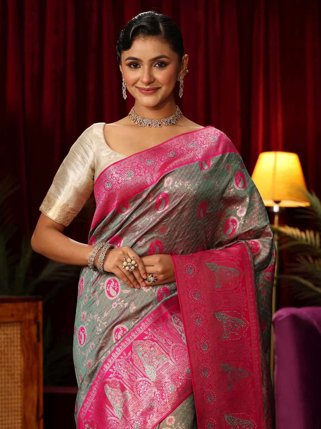  Libas Grey Woven Design Silk Blend Saree with Pink Pallu 