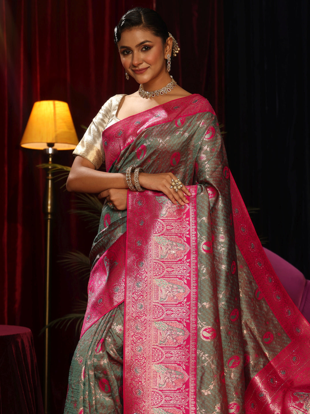  Libas Grey Woven Design Silk Blend Saree with Pink Pallu 