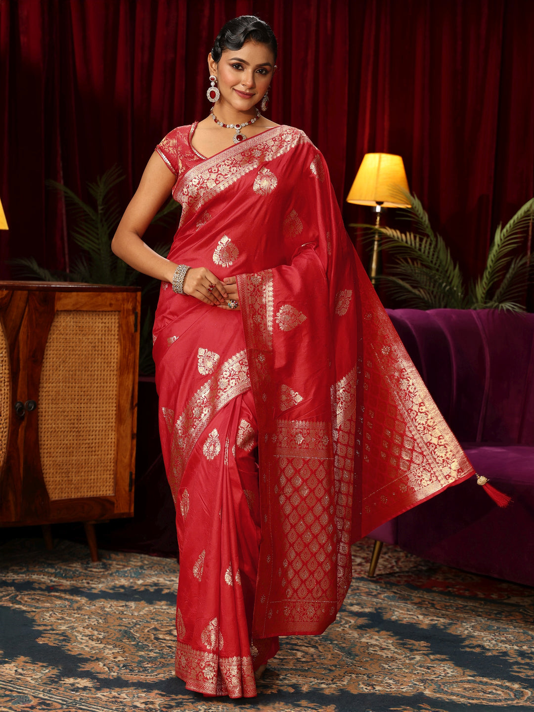  Libas Vermillion Red Woven Design Embellished Silk Blend Saree 