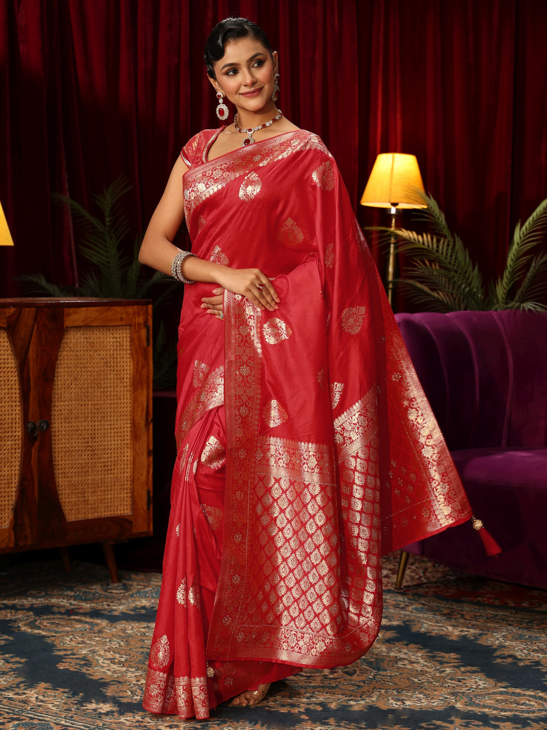  Libas Vermillion Red Woven Design Embellished Silk Blend Saree 
