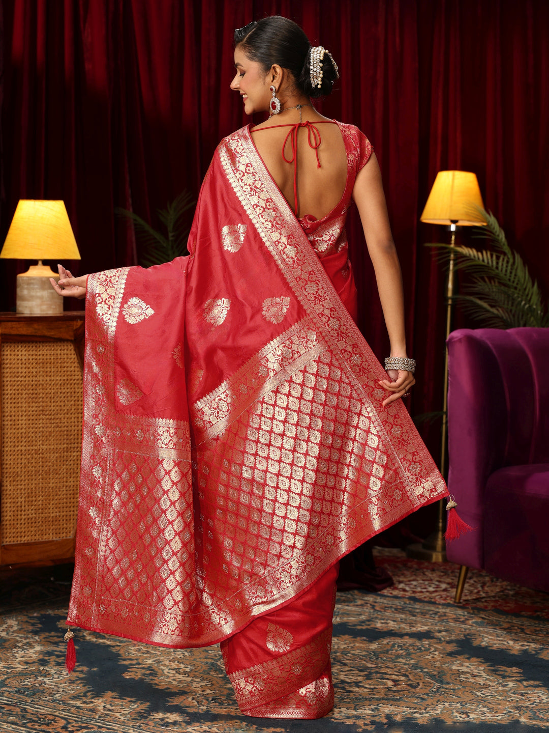  Libas Vermillion Red Woven Design Embellished Silk Blend Saree 