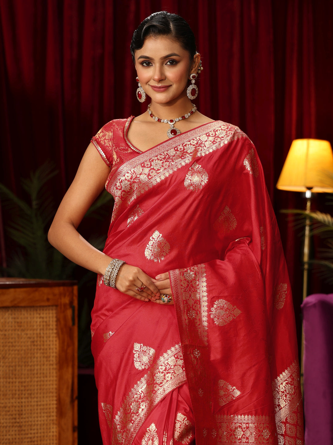  Libas Vermillion Red Woven Design Embellished Silk Blend Saree 
