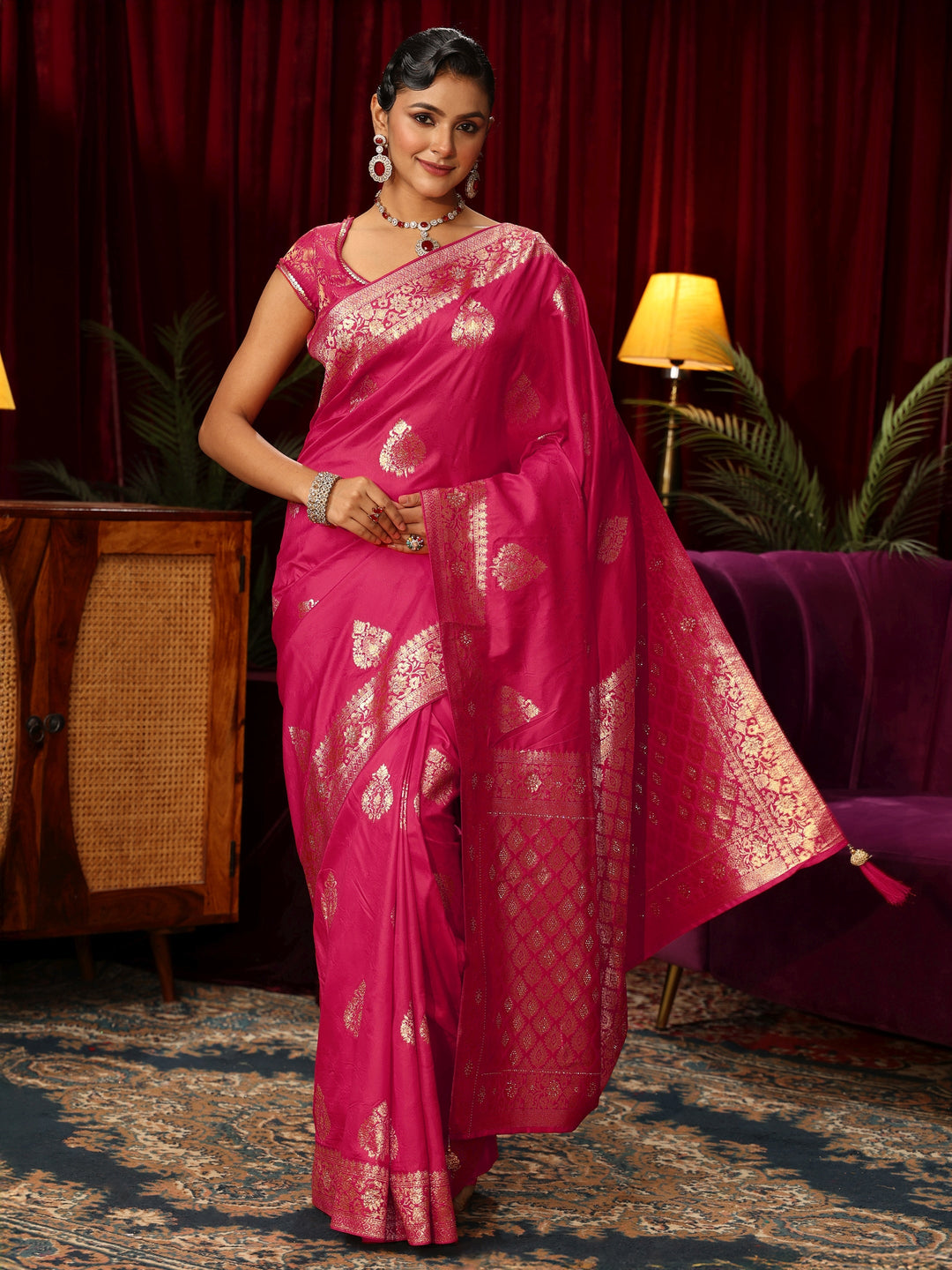 Libas Rani Pink Woven Design Embellished Silk Blend Saree 