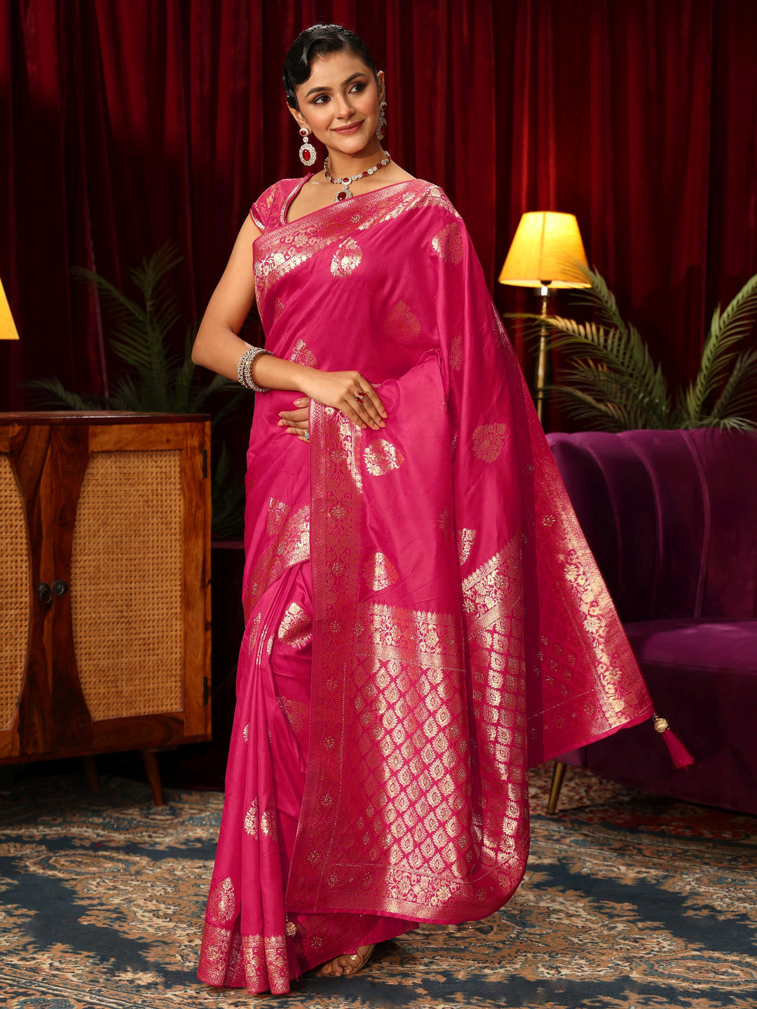  Libas Rani Pink Woven Design Embellished Silk Blend Saree 