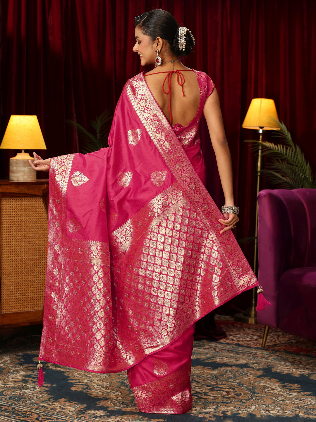  Libas Rani Pink Woven Design Embellished Silk Blend Saree 