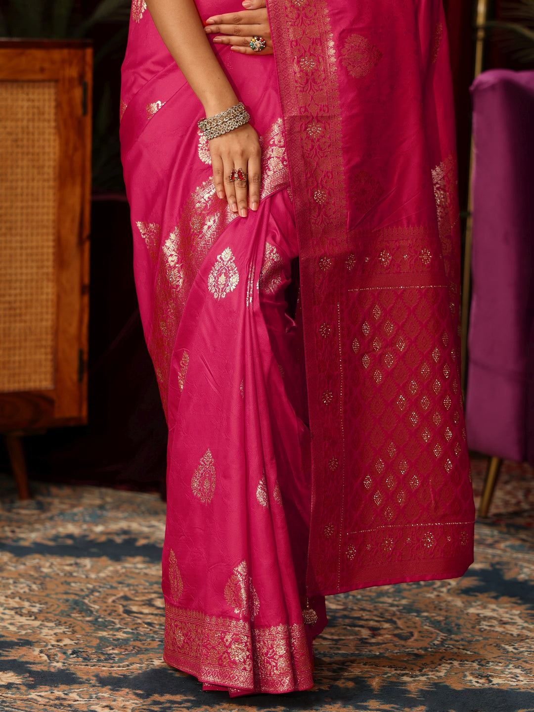  Libas Rani Pink Woven Design Embellished Silk Blend Saree 