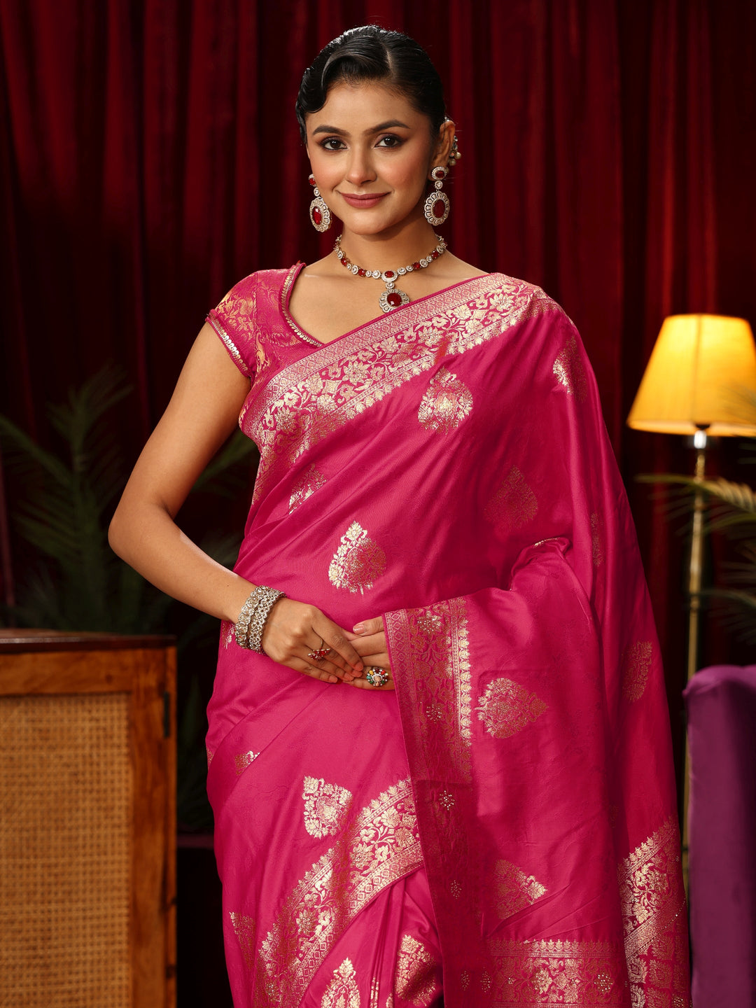  Libas Rani Pink Woven Design Embellished Silk Blend Saree 