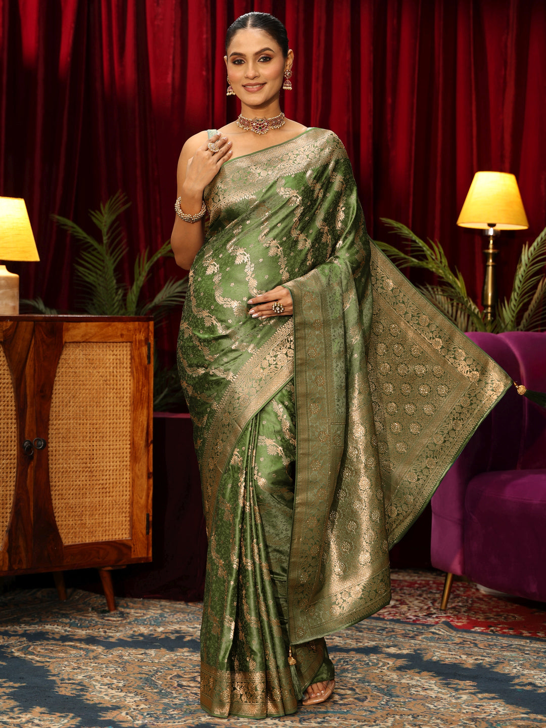  Libas Green Banarasi Silk Blend Saree with Embellished Pallu 