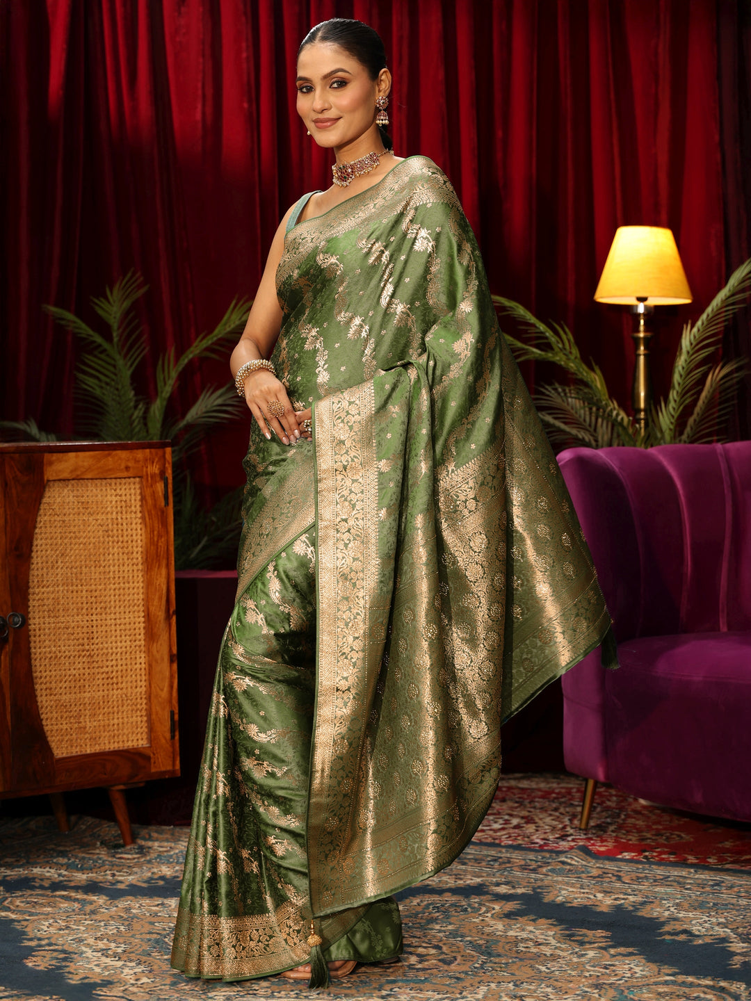  Libas Green Banarasi Silk Blend Saree with Embellished Pallu 