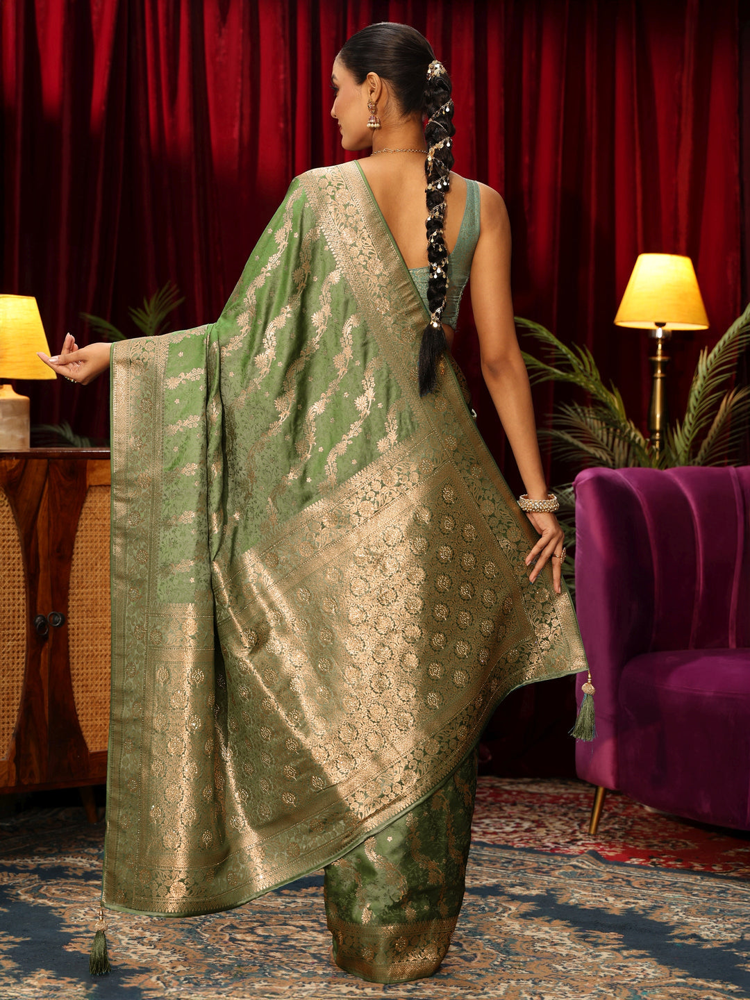  Libas Green Banarasi Silk Blend Saree with Embellished Pallu 