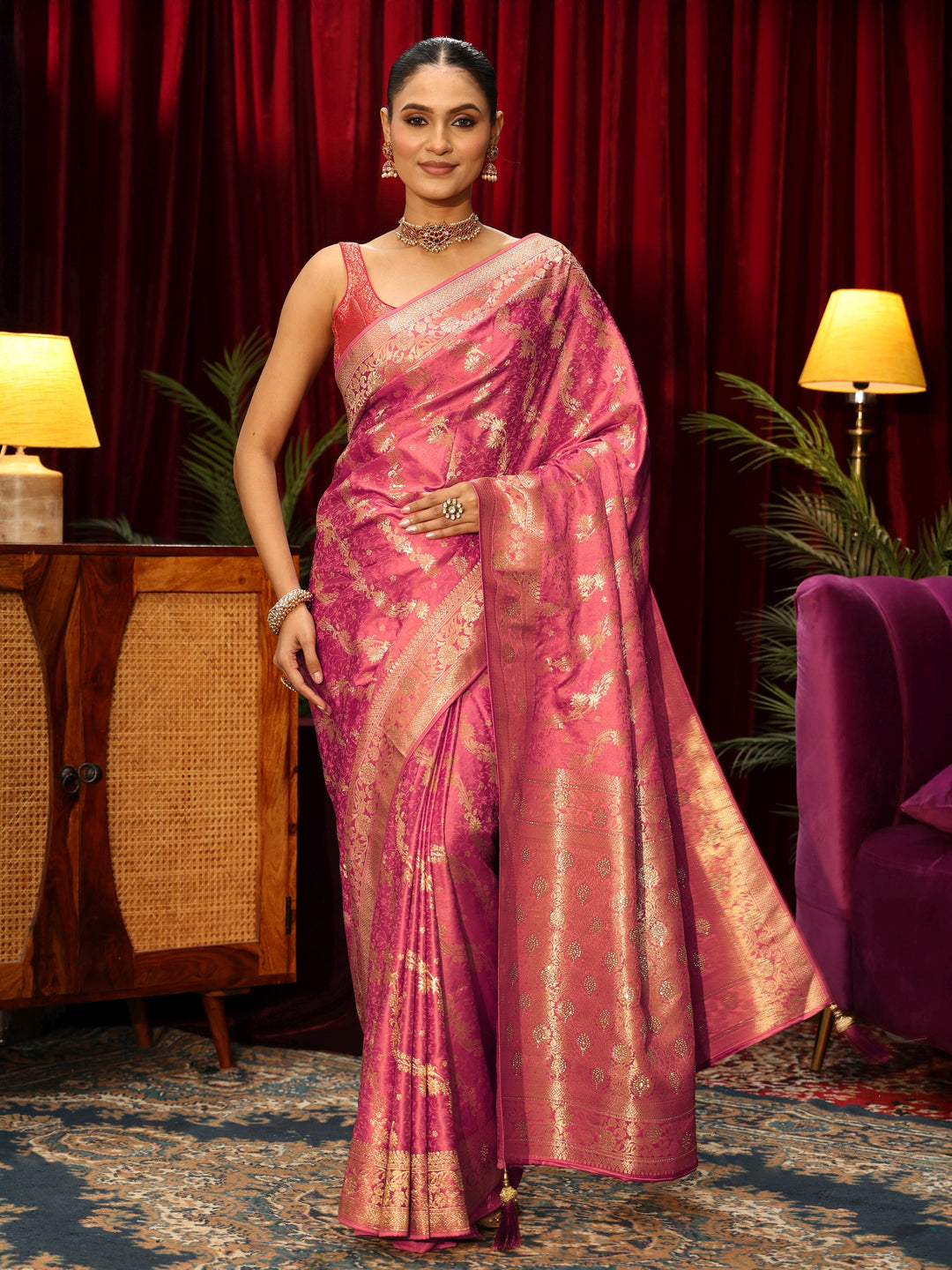  Libas Rose Pink Banarasi Silk Blend Saree 