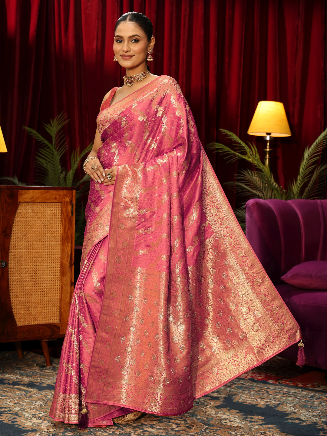  Libas Rose Pink Banarasi Silk Blend Saree 