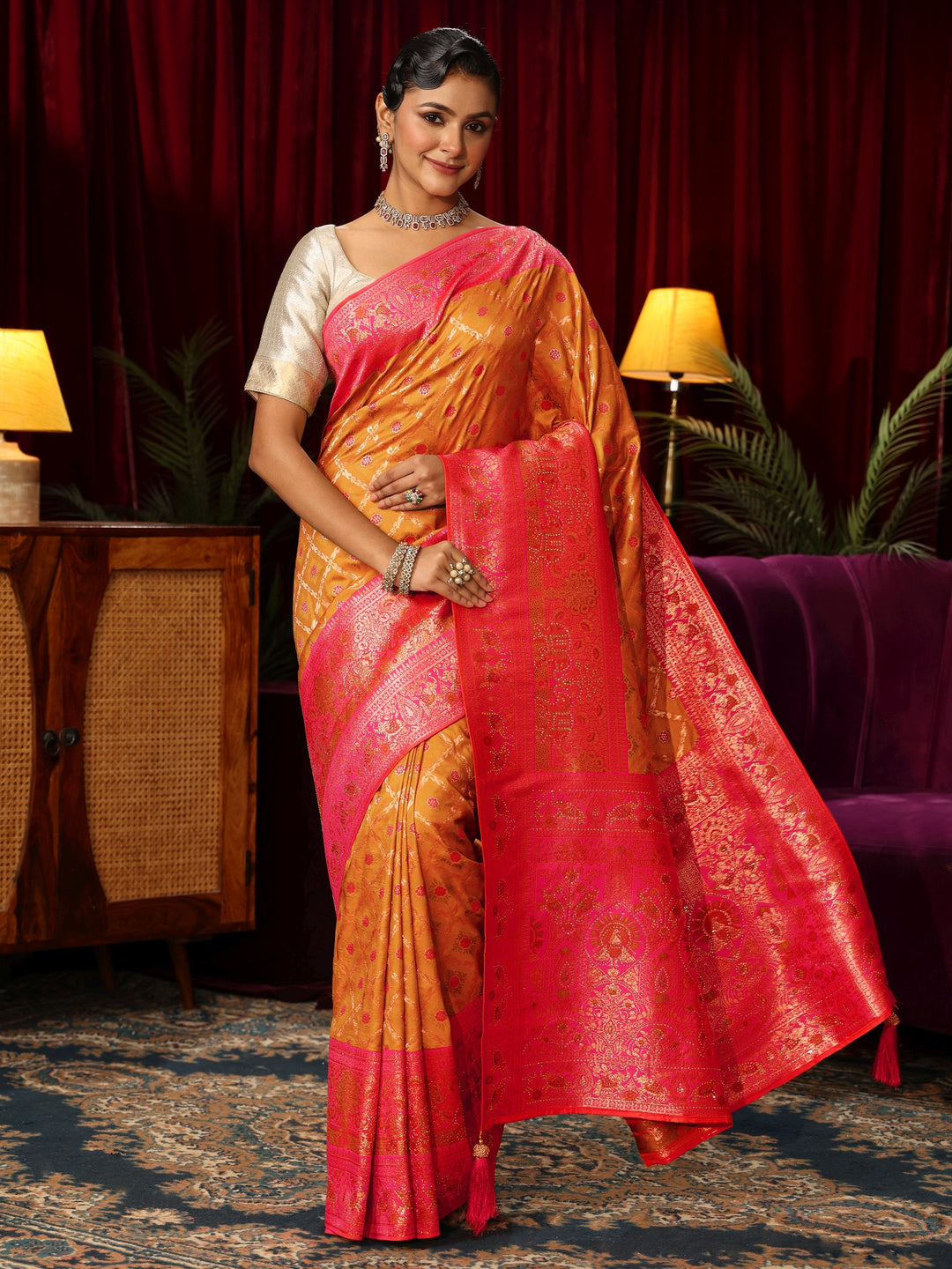  Libas Tangerine Floral Woven Design Embellished Silk Blend Saree 