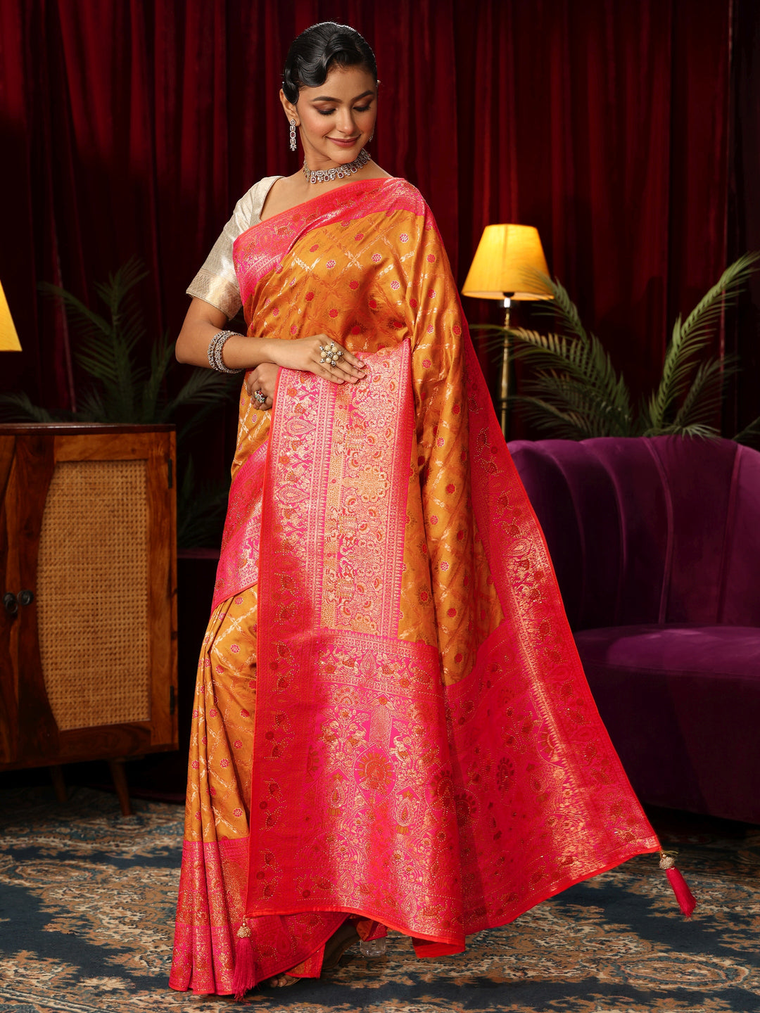  Libas Tangerine Floral Woven Design Embellished Silk Blend Saree 