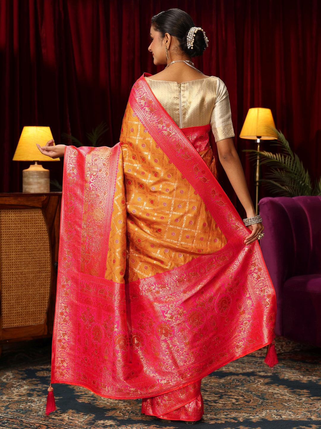  Libas Tangerine Floral Woven Design Embellished Silk Blend Saree 