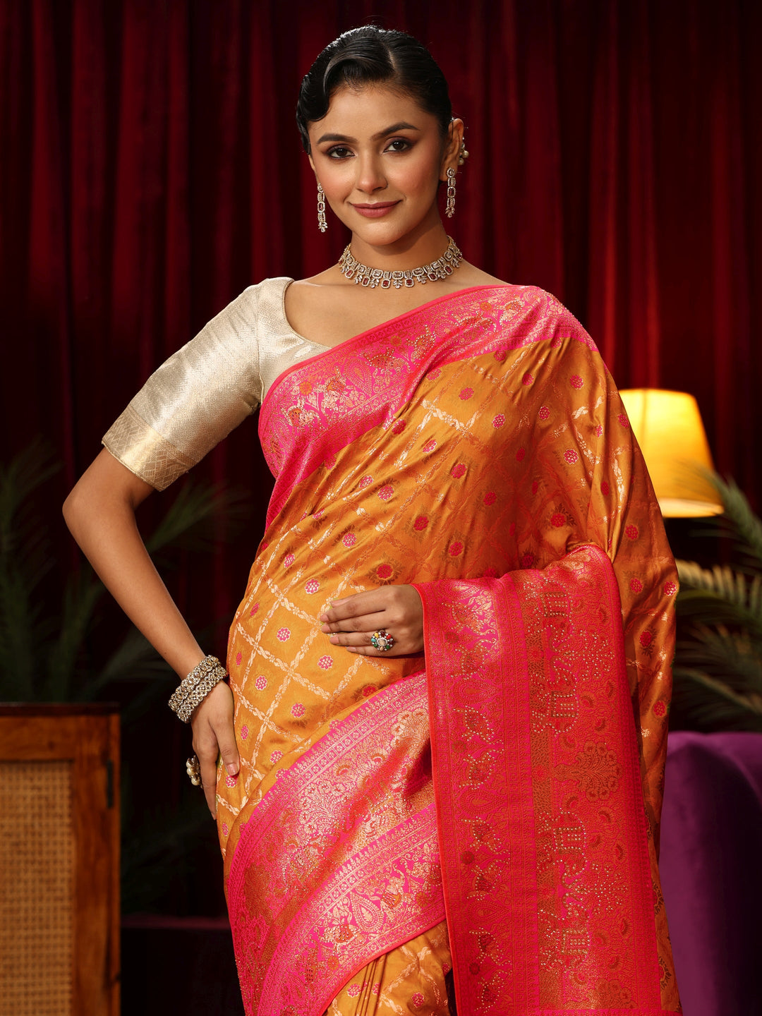  Libas Tangerine Floral Woven Design Embellished Silk Blend Saree 