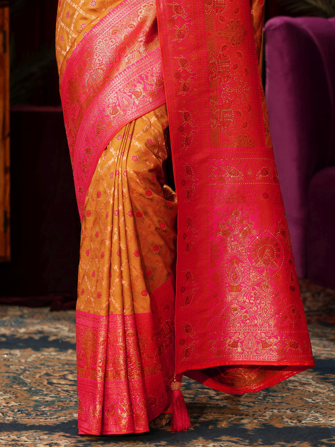  Libas Tangerine Floral Woven Design Embellished Silk Blend Saree 