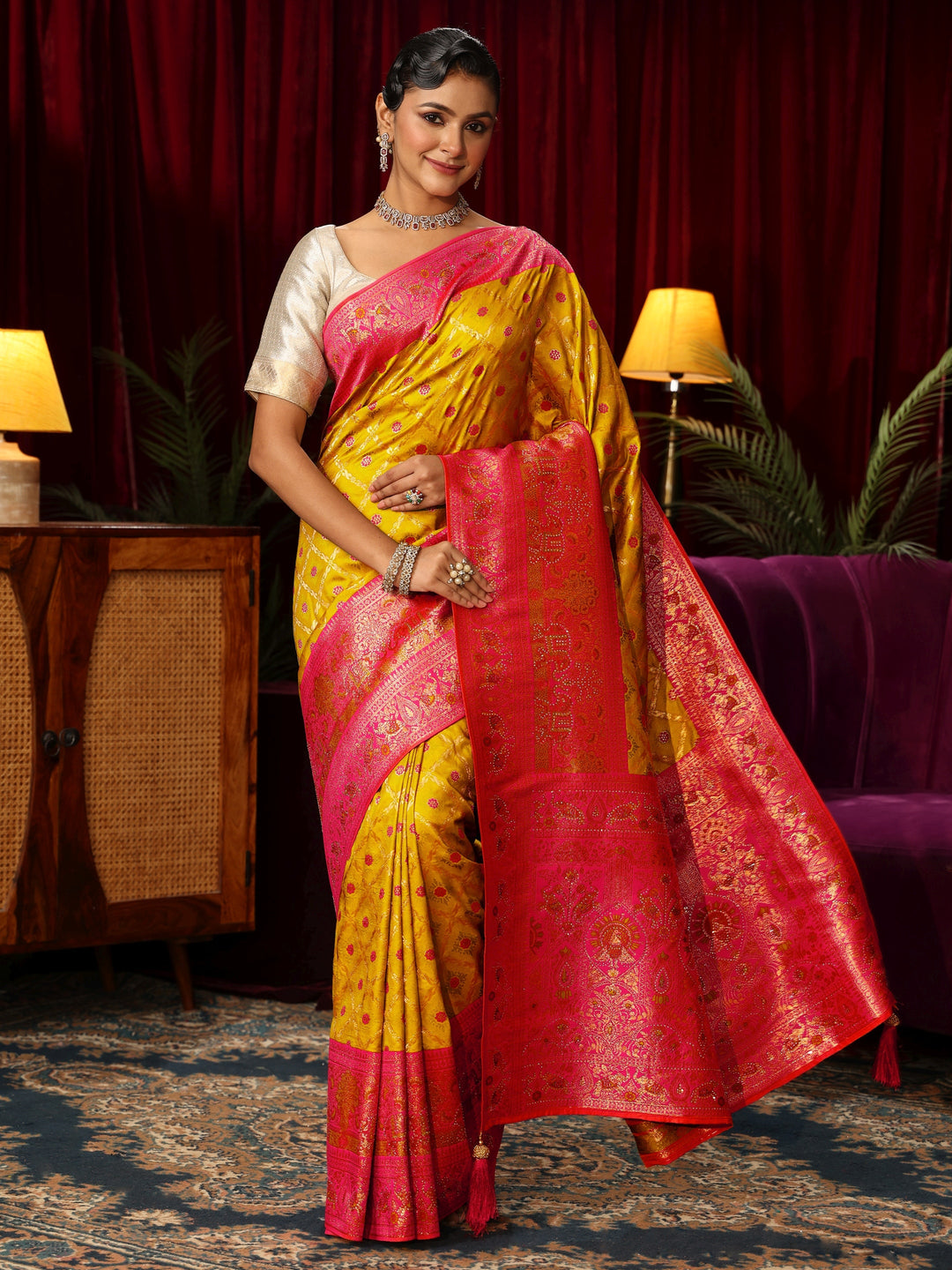  Libas Yellow Floral Woven Design Embellished Silk Blend Saree 