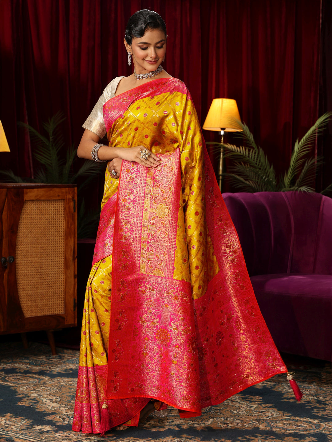  Libas Yellow Floral Woven Design Embellished Silk Blend Saree 