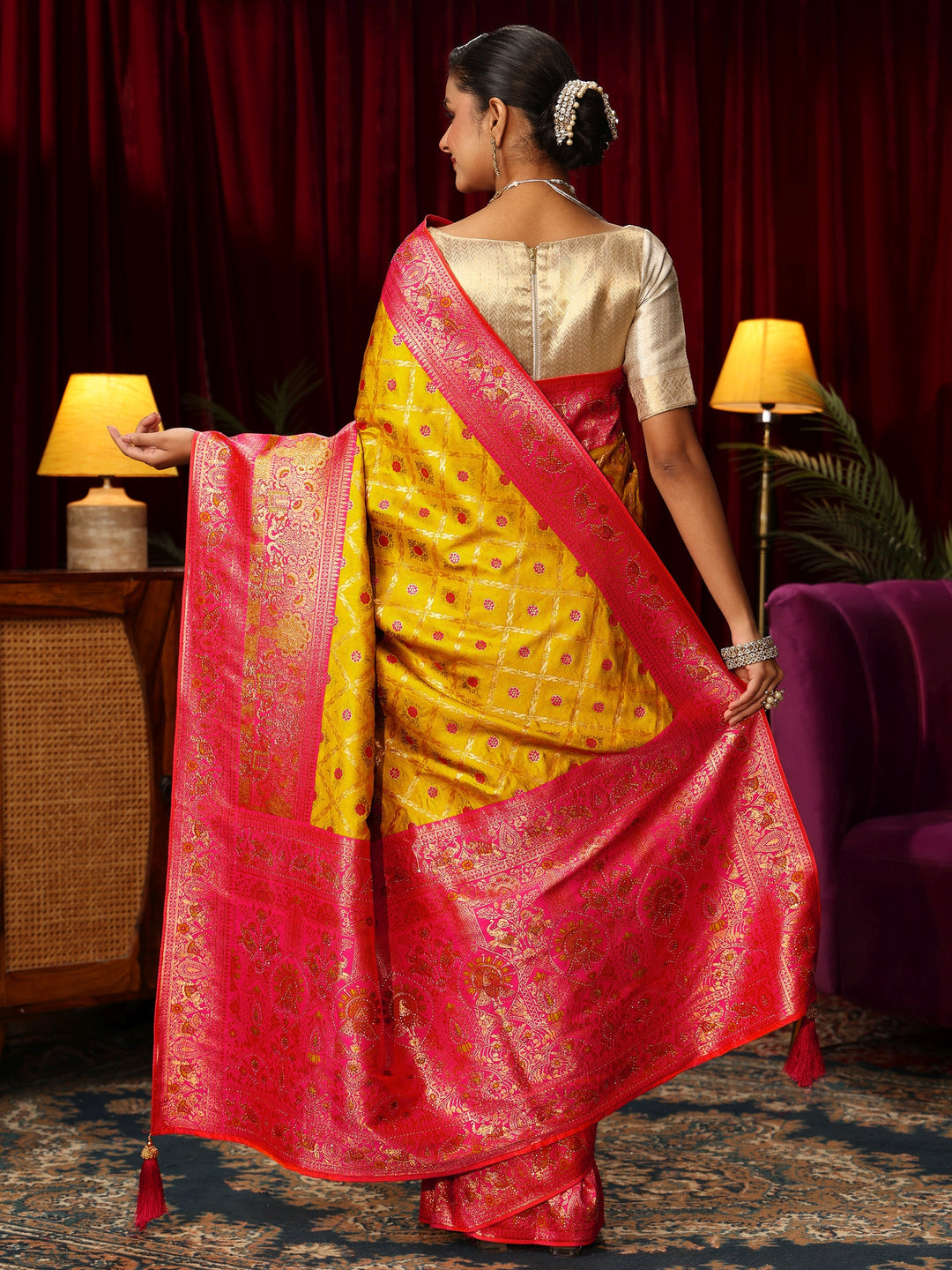  Libas Yellow Floral Woven Design Embellished Silk Blend Saree 