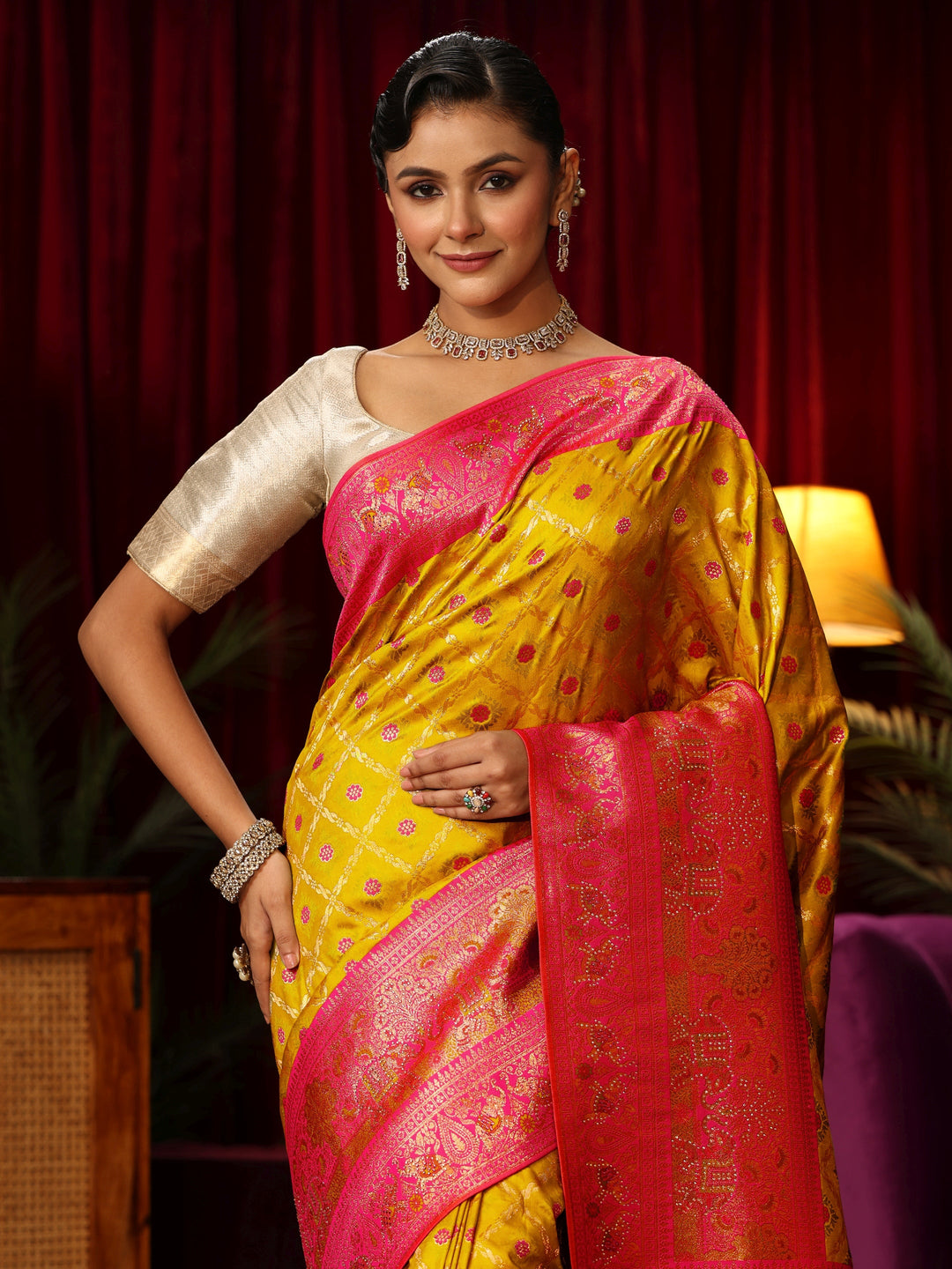  Libas Yellow Floral Woven Design Embellished Silk Blend Saree 