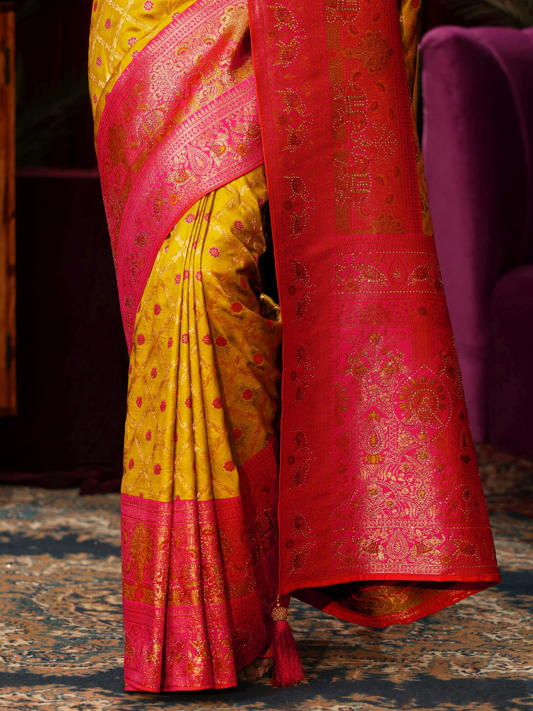  Libas Yellow Floral Woven Design Embellished Silk Blend Saree 