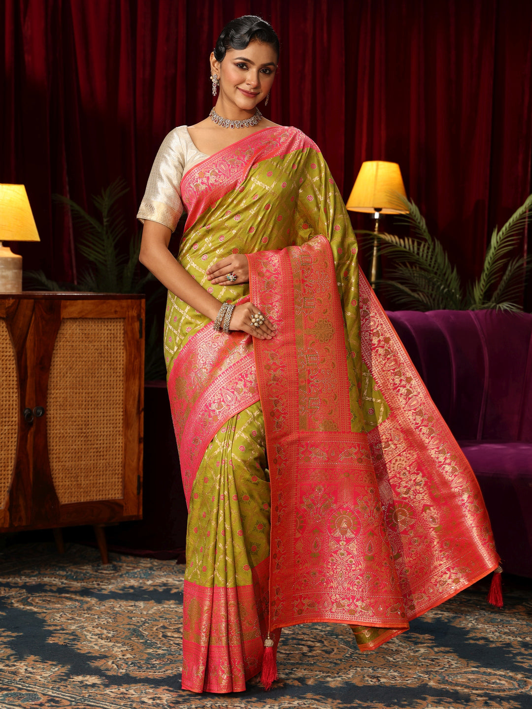  Libas Green Floral Woven Design Embellished Silk Blend Saree 