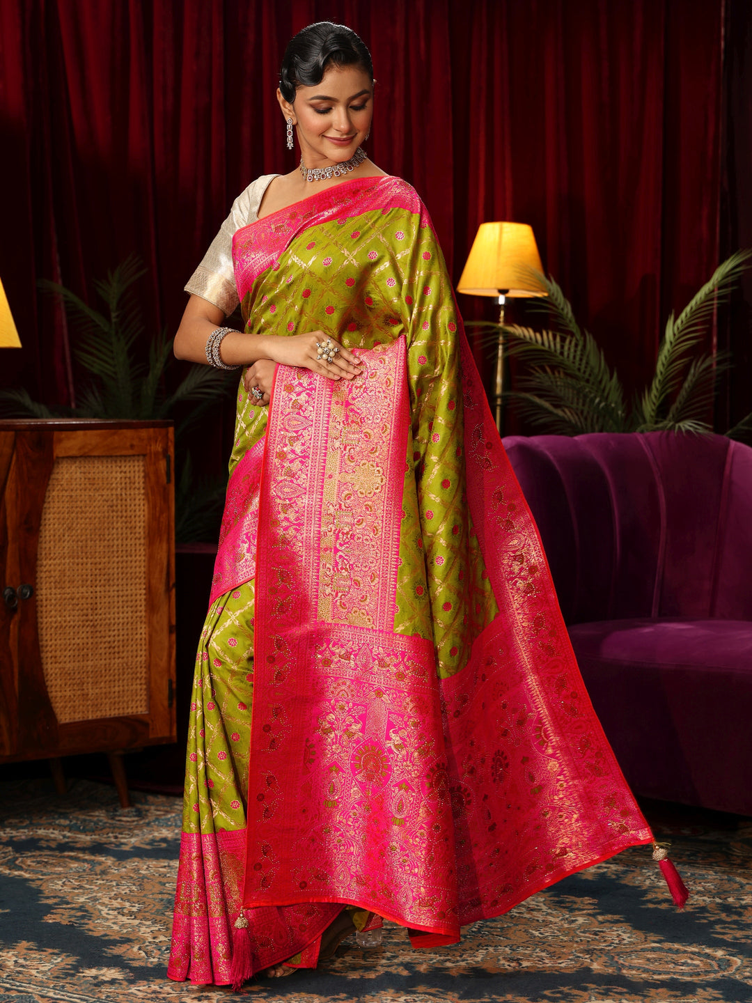  Libas Green Floral Woven Design Embellished Silk Blend Saree 