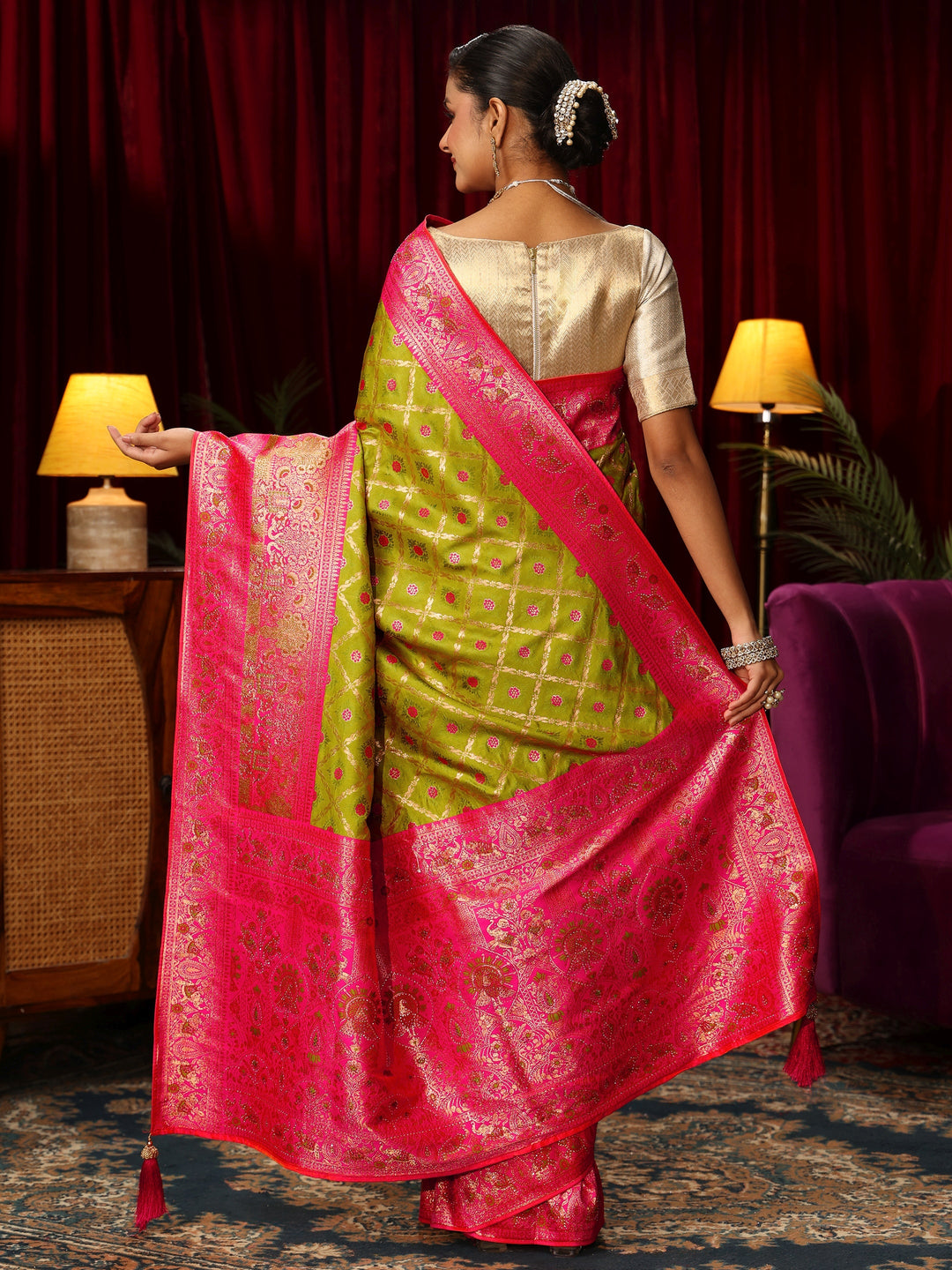  Libas Green Floral Woven Design Embellished Silk Blend Saree 