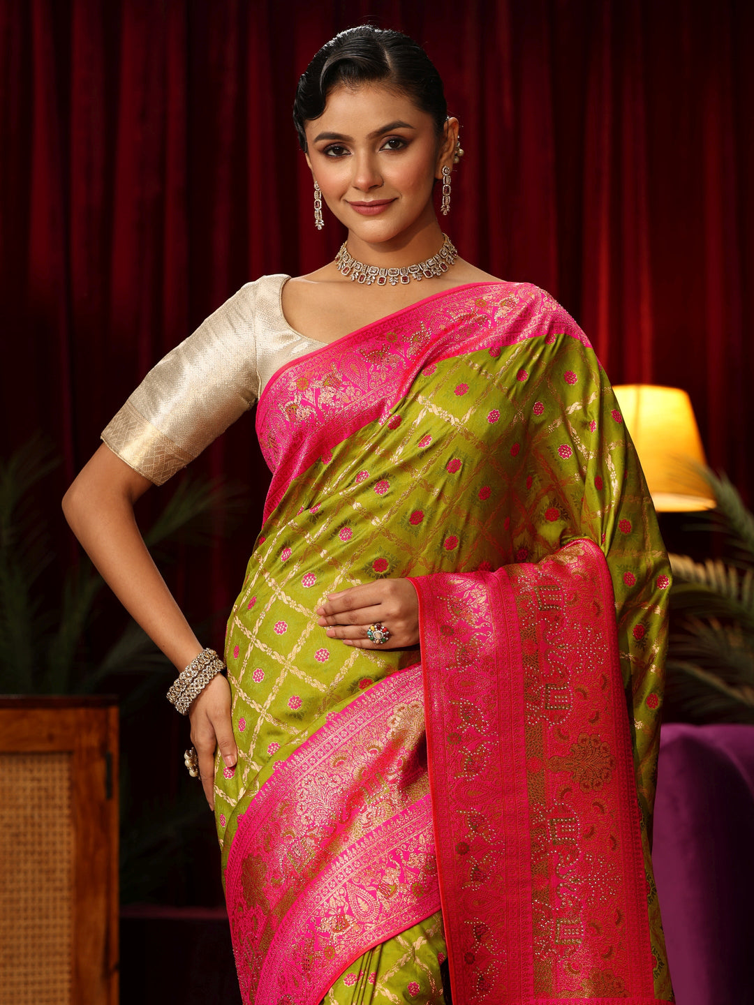  Libas Green Floral Woven Design Embellished Silk Blend Saree 