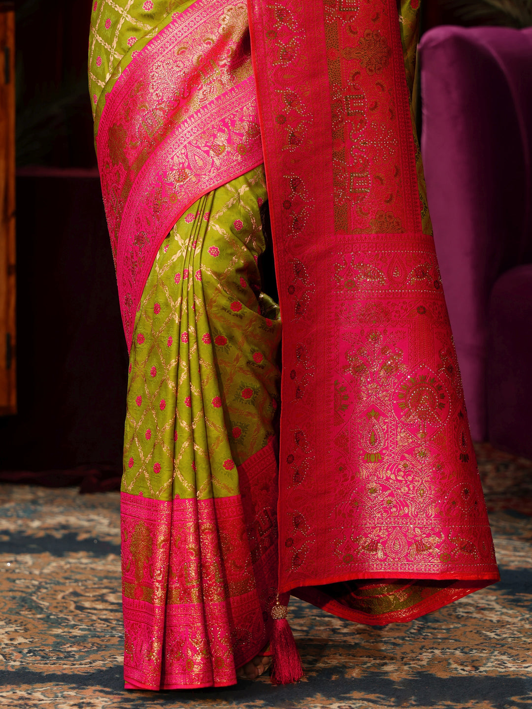  Libas Green Floral Woven Design Embellished Silk Blend Saree 