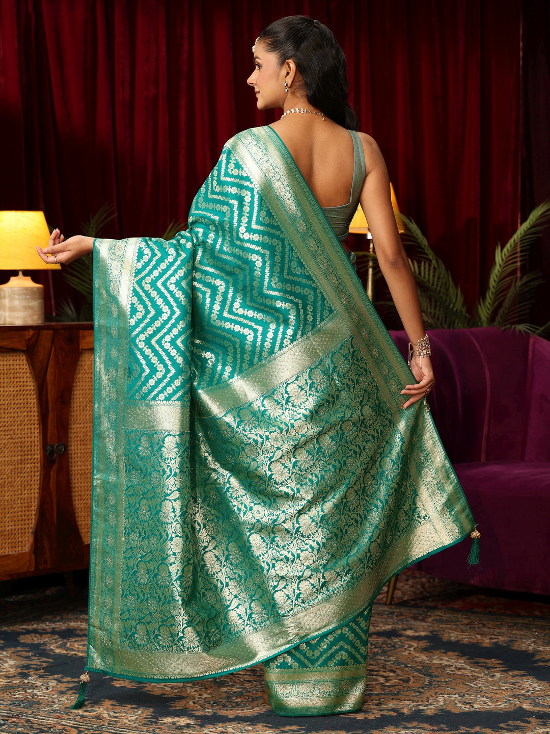  Libas Sea Green Chevron Brocade Saree with Stone Work 