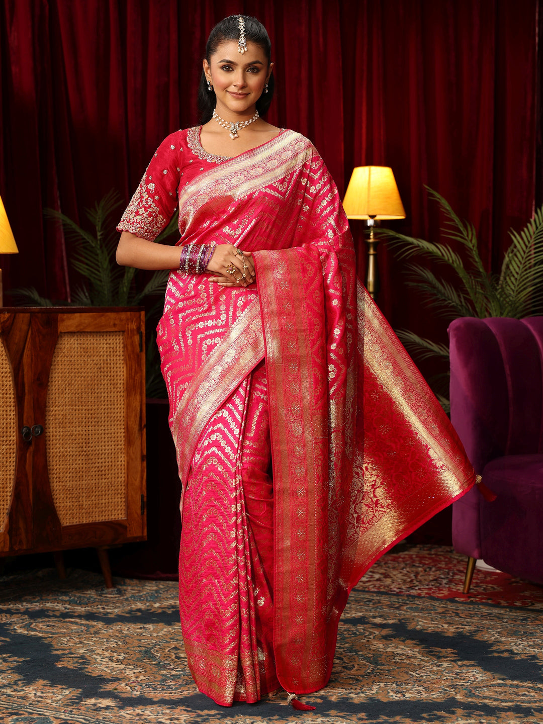  Libas Fuchsia Pink Chevron Brocade Saree with Stone Work 