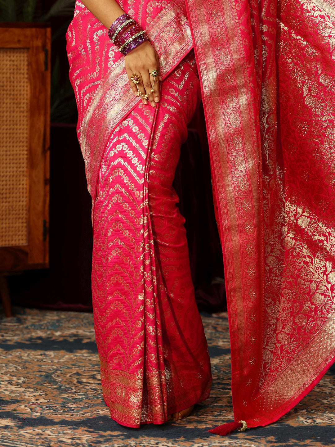 Libas Fuchsia Pink Chevron Brocade Saree with Stone Work 