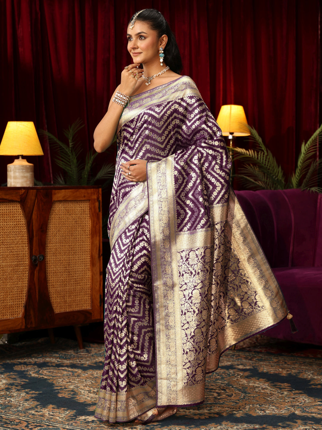  Libas Wine Chevron Brocade Saree with Stone Work 