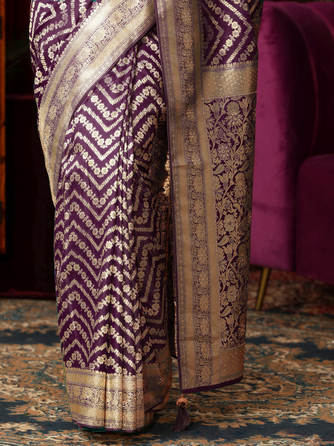  Libas Wine Chevron Brocade Saree with Stone Work 