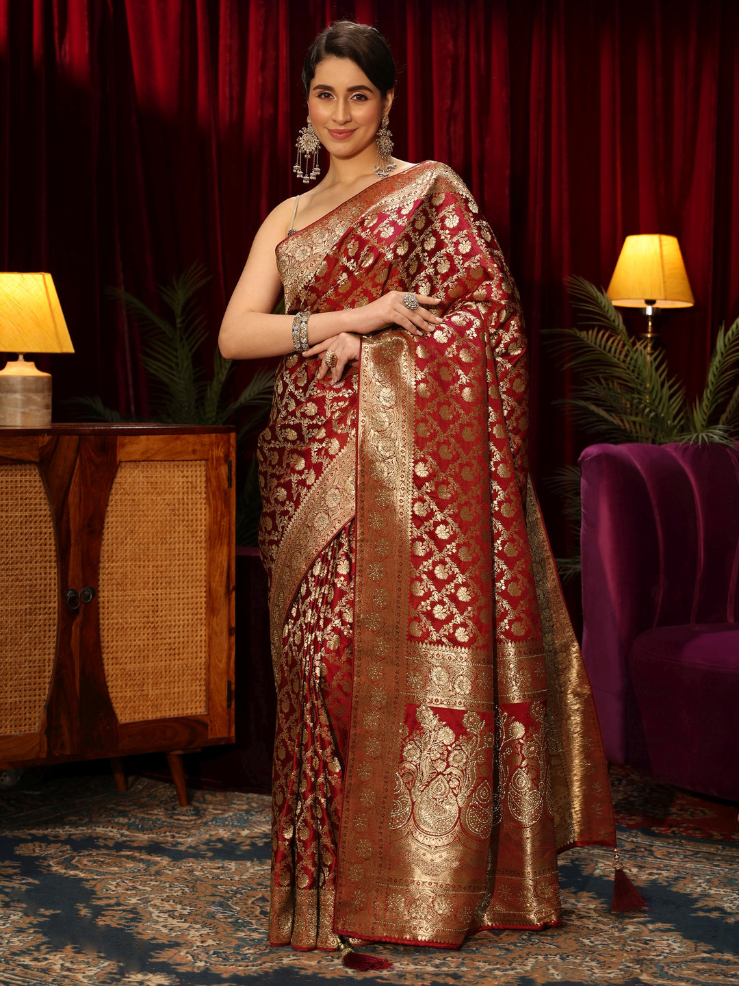  Libas Rust Red Floral Woven Design Embellished Silk Blend Saree 
