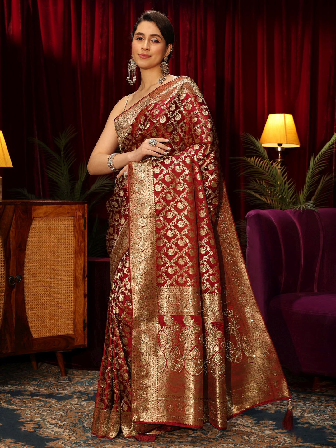 Libas Rust Red Floral Woven Design Embellished Silk Blend Saree 