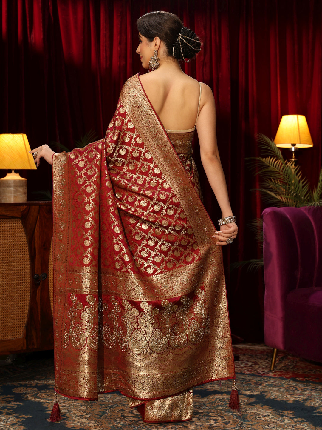  Libas Rust Red Floral Woven Design Embellished Silk Blend Saree 