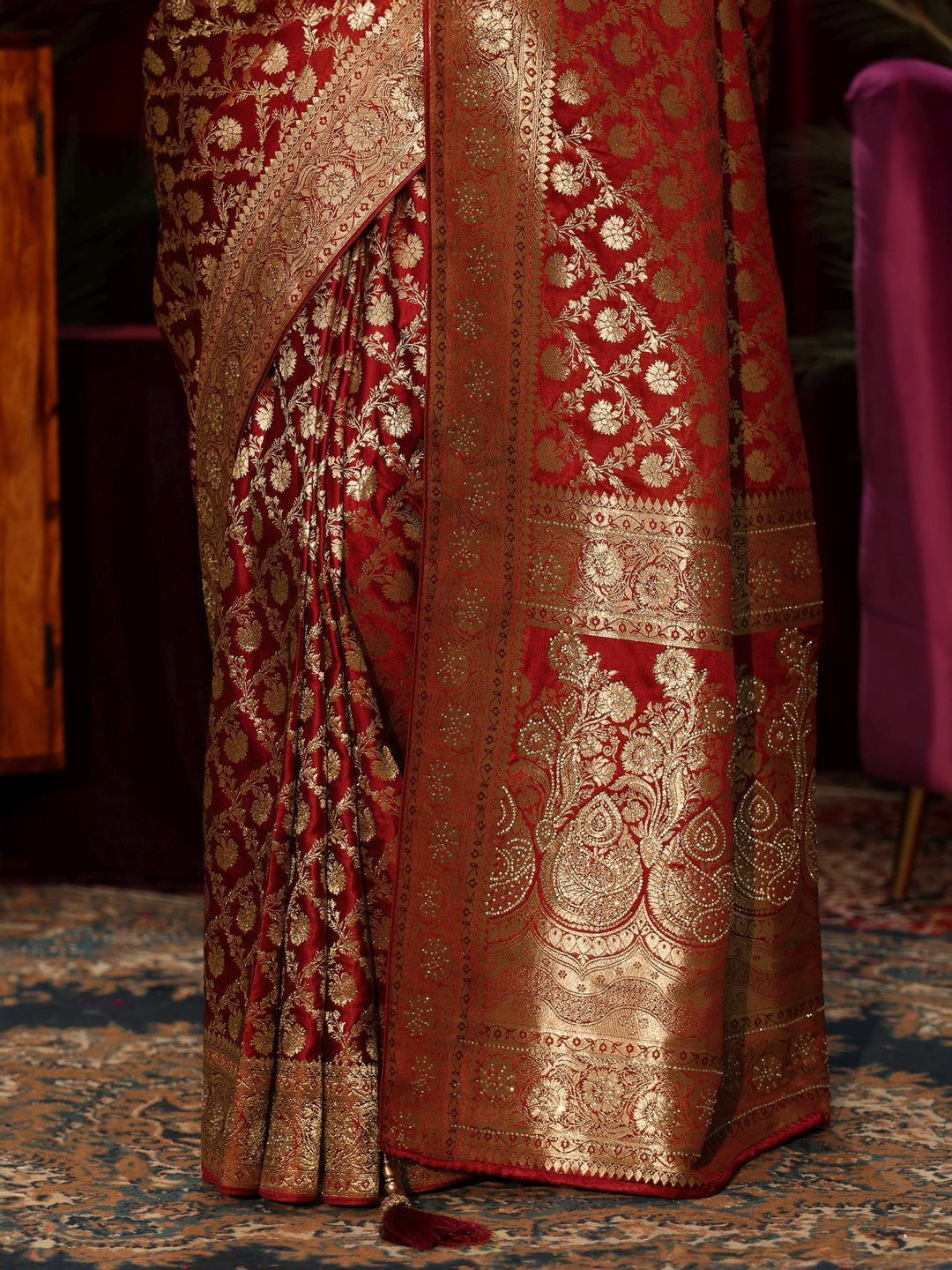  Libas Rust Red Floral Woven Design Embellished Silk Blend Saree 