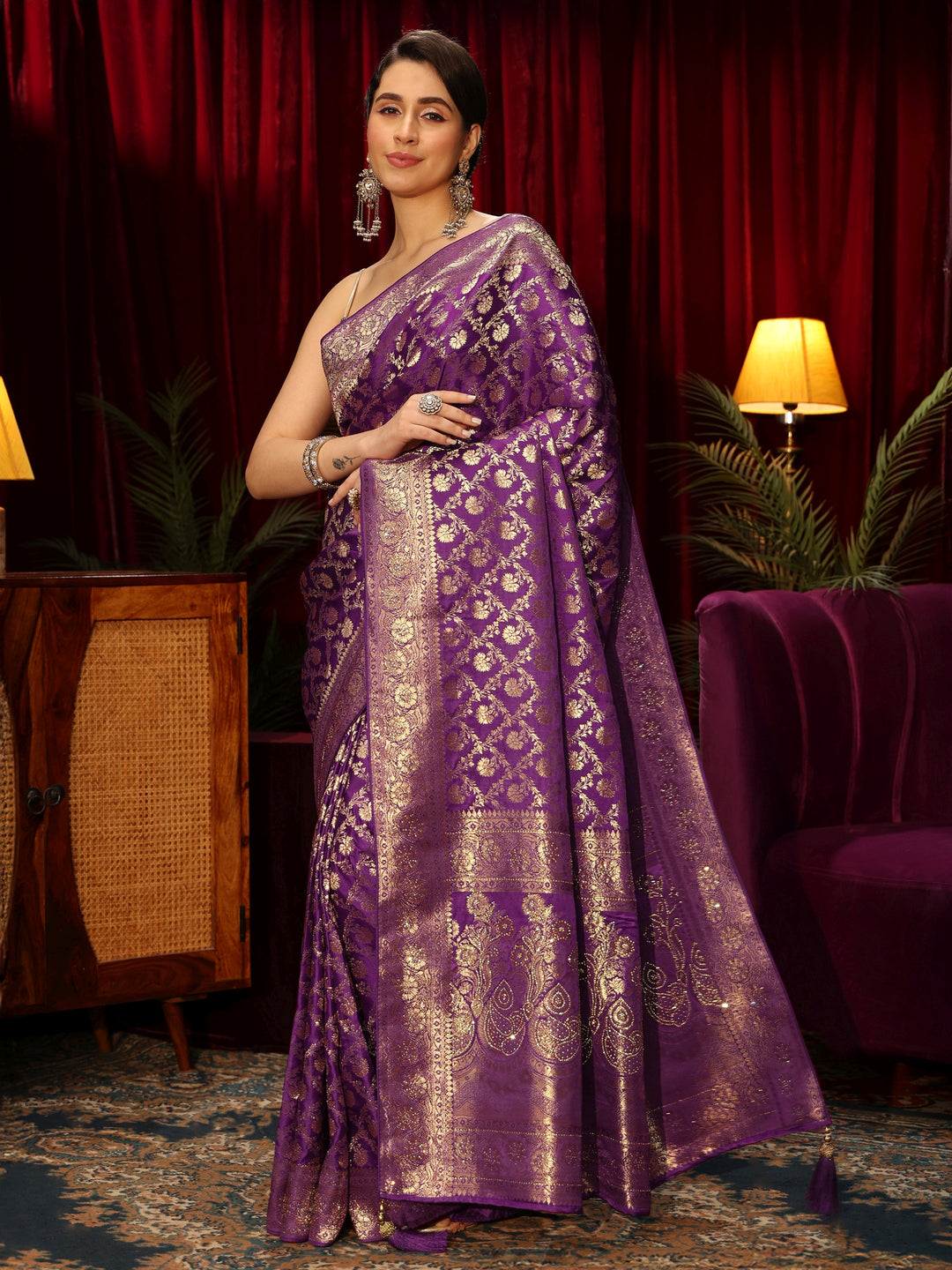  Libas Royal Purple Floral Woven Design Embellished Silk Blend Saree 