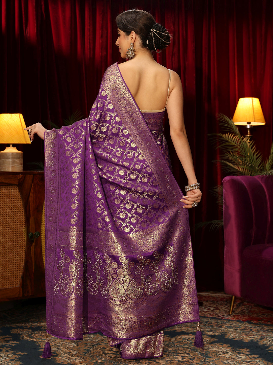  Libas Royal Purple Floral Woven Design Embellished Silk Blend Saree 