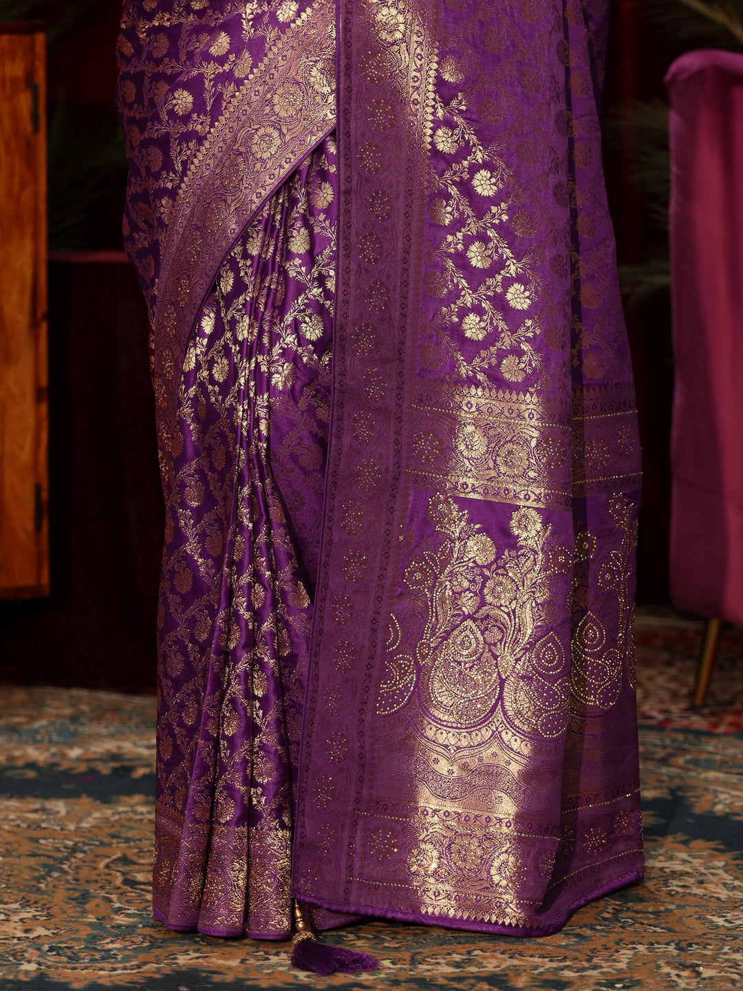  Libas Royal Purple Floral Woven Design Embellished Silk Blend Saree 