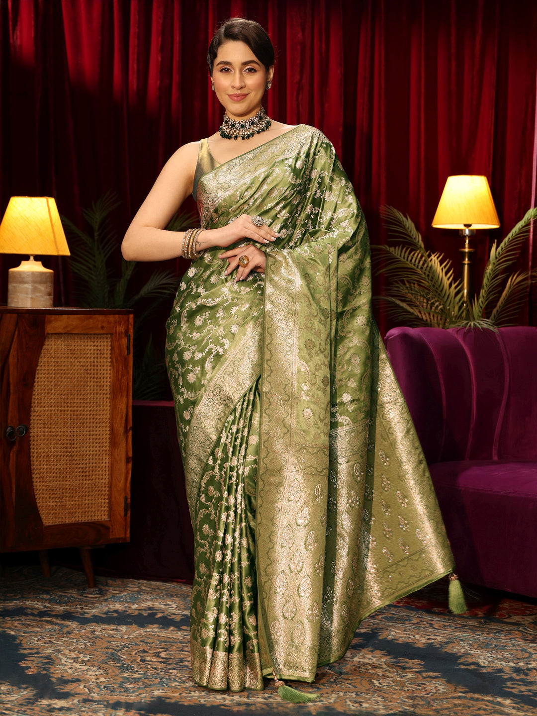  Libas Green Floral Woven Design Embellished Silk Blend Saree 