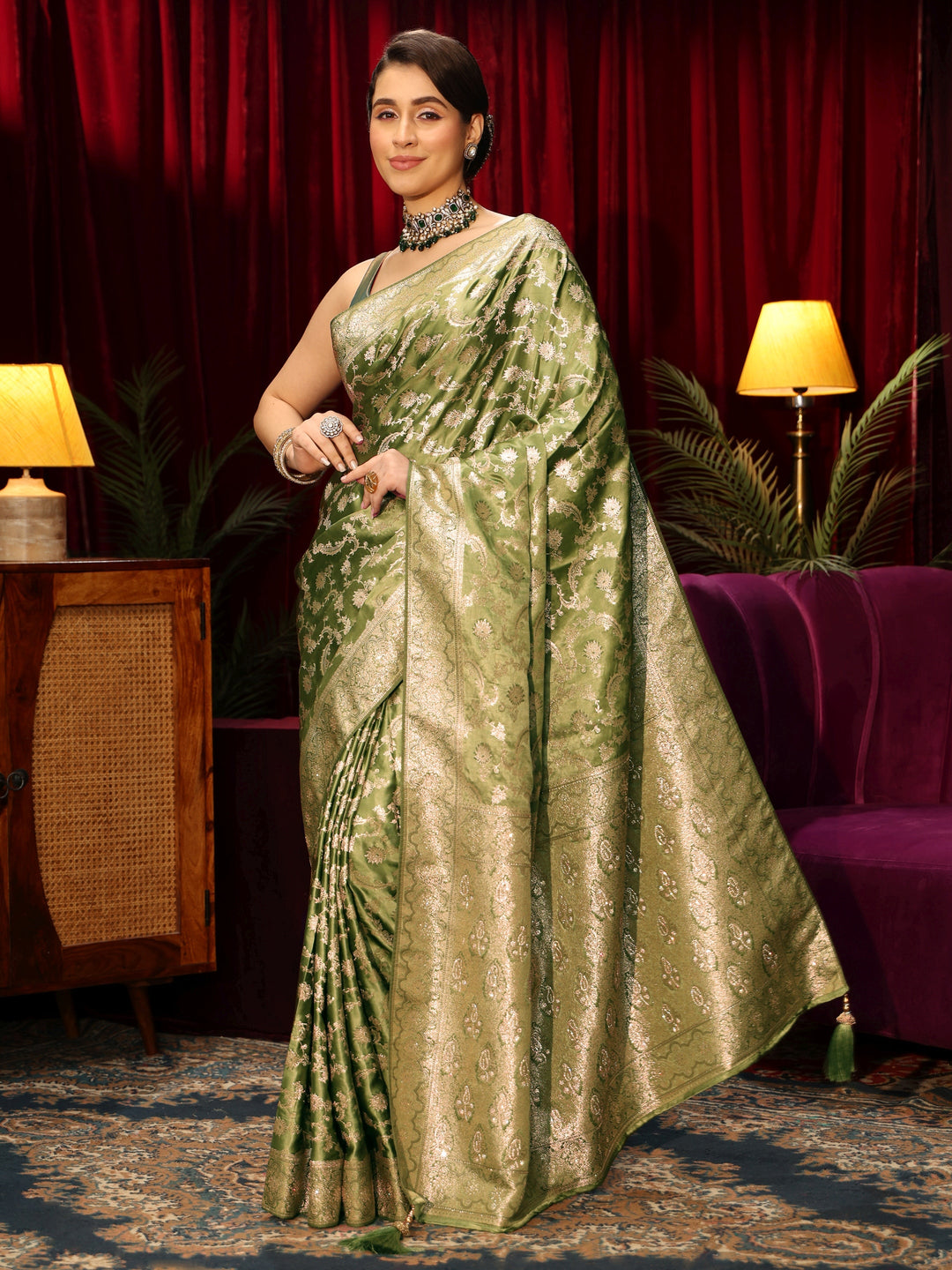  Libas Green Floral Woven Design Embellished Silk Blend Saree 