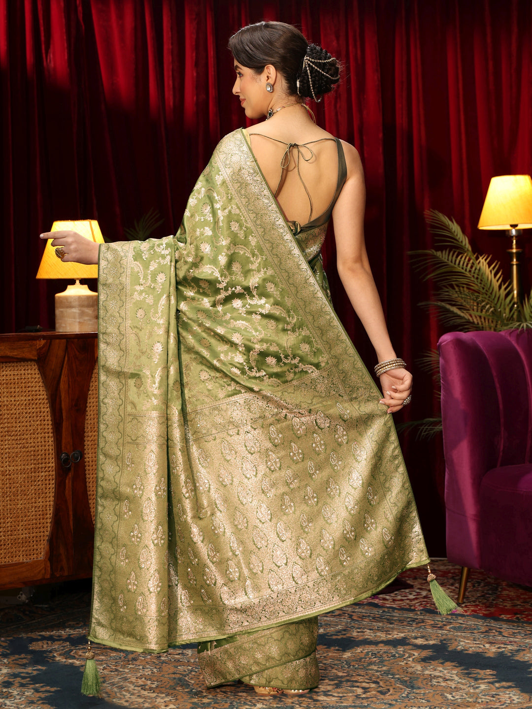  Libas Green Floral Woven Design Embellished Silk Blend Saree 