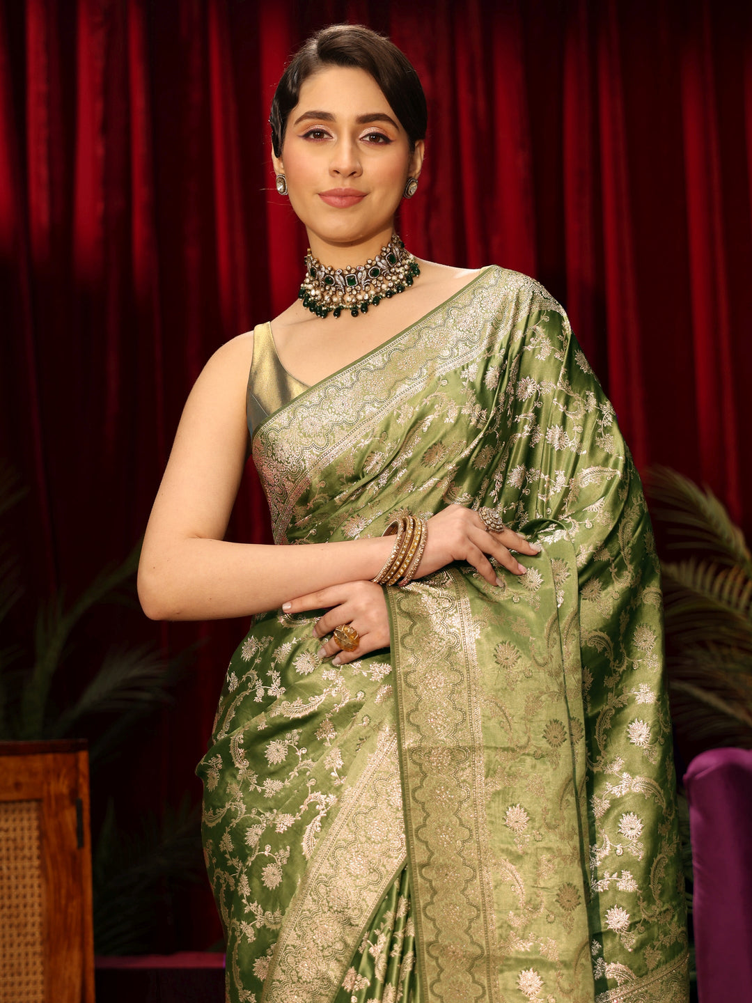  Libas Green Floral Woven Design Embellished Silk Blend Saree 