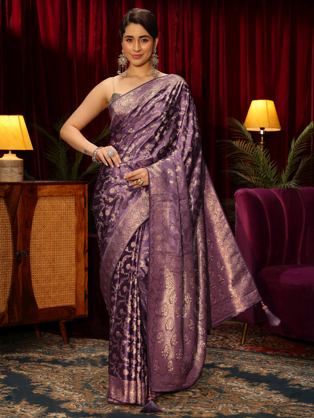  Libas Purple Floral Woven Design Embellished Silk Blend Saree 