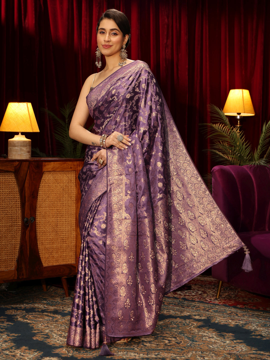  Libas Purple Floral Woven Design Embellished Silk Blend Saree 